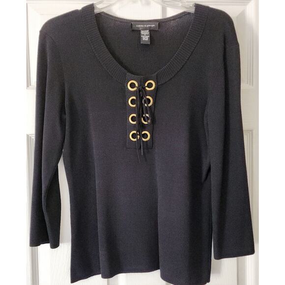 SWEATER/TOP-BLACK CABLE & GAUGE-Black Knit-Gold Rivets-Lace Up-SIZE M - Picture 4 of 11